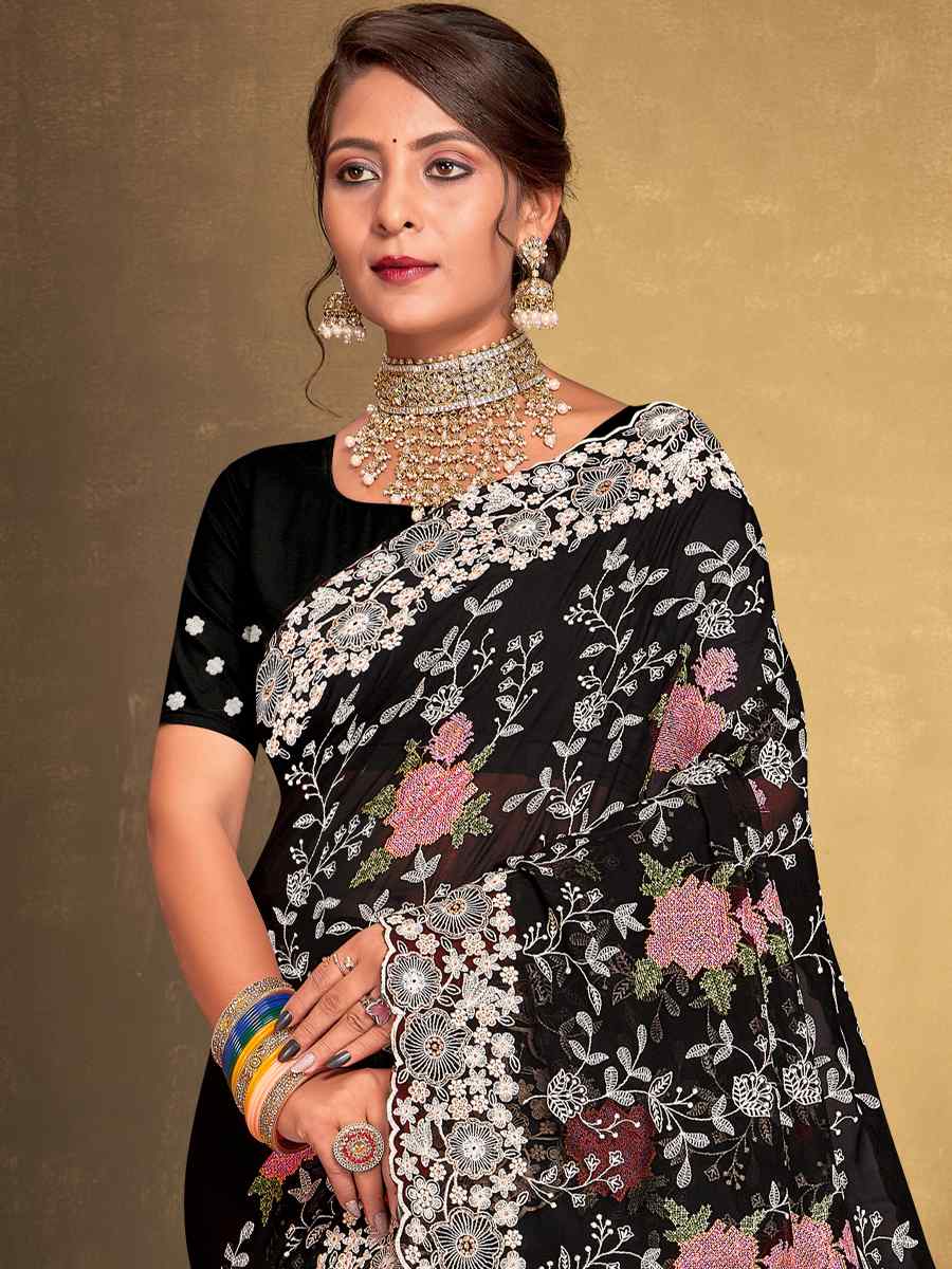 Black Georgette Embroidered Wedding Party Heavy Border Saree