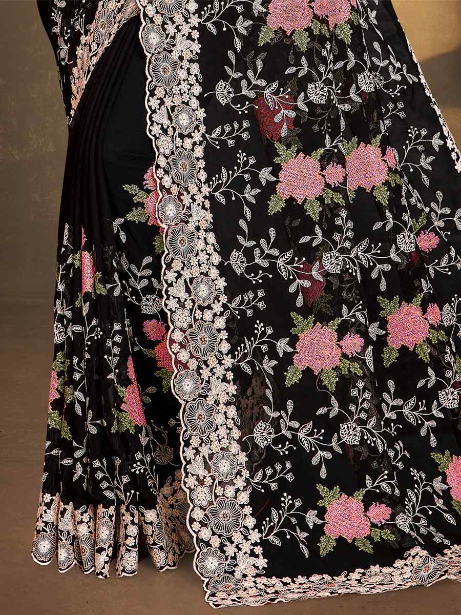 Black Georgette Embroidered Wedding Party Heavy Border Saree