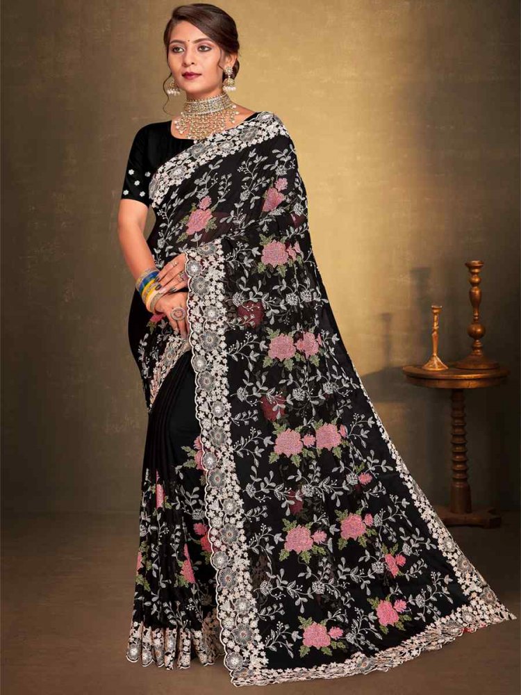 Black Georgette Embroidered Wedding Party Heavy Border Saree