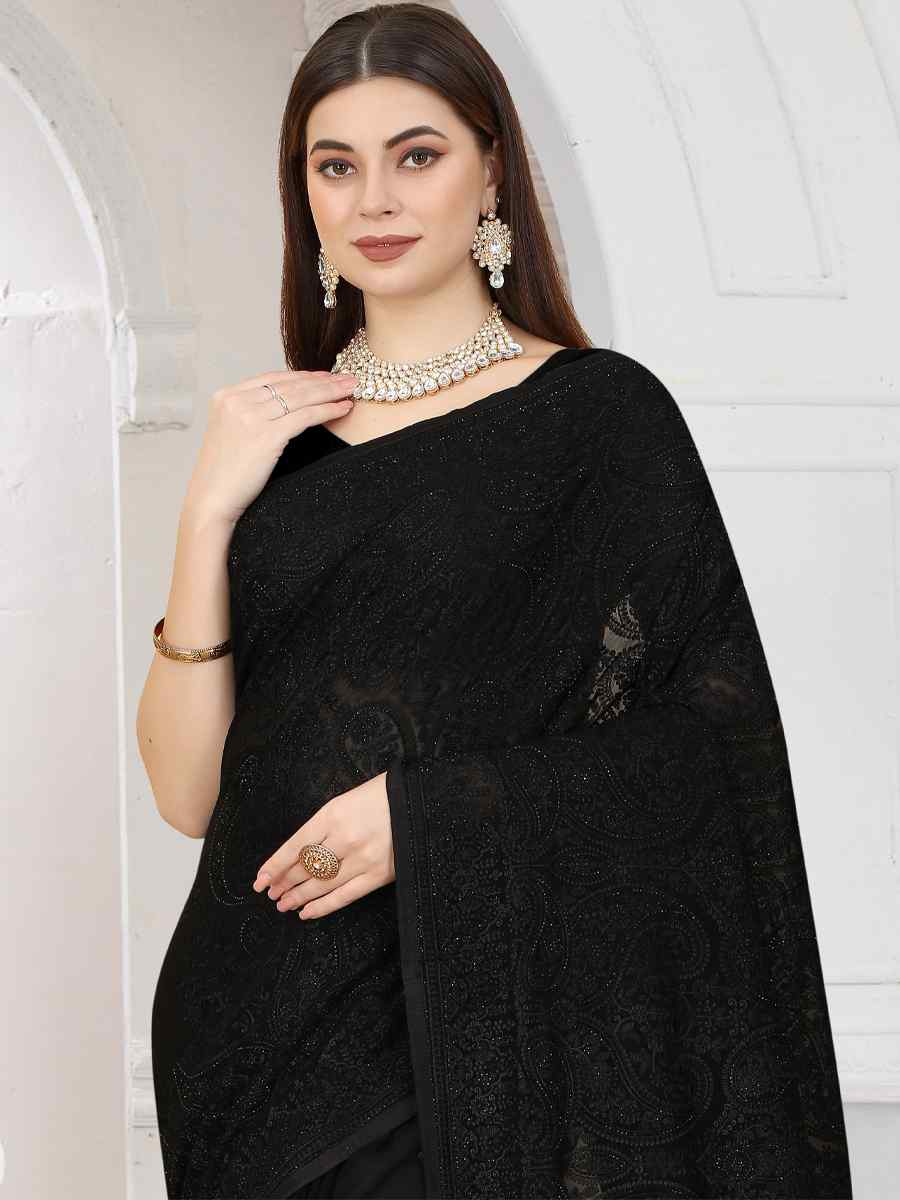 Black Georgette Embroidered Wedding Party Heavy Border Saree