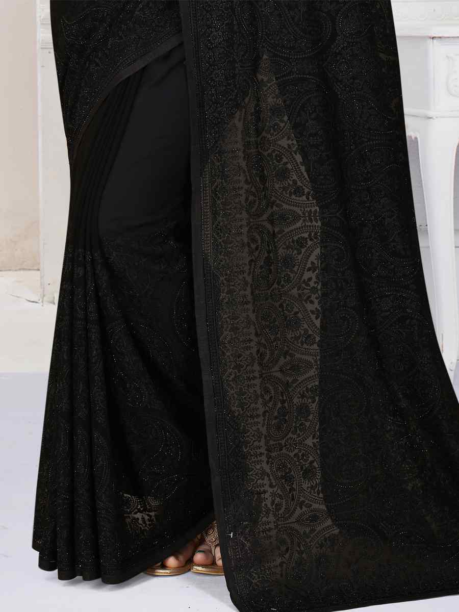 Black Georgette Embroidered Wedding Party Heavy Border Saree