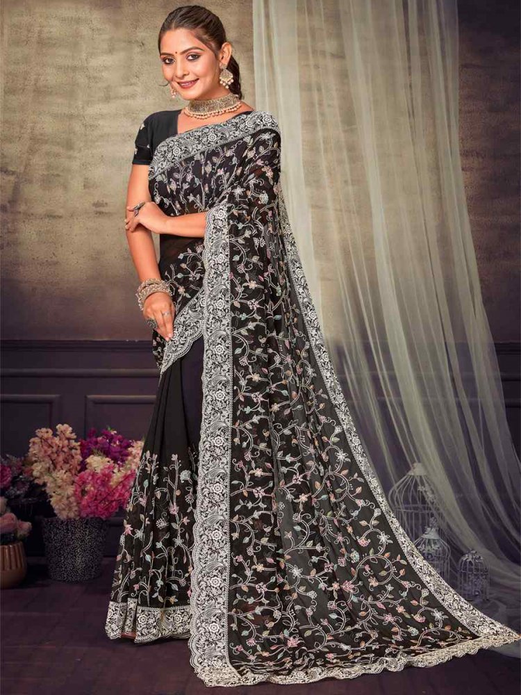 Black Georgette Embroidered Wedding Reception Heavy Border Saree
