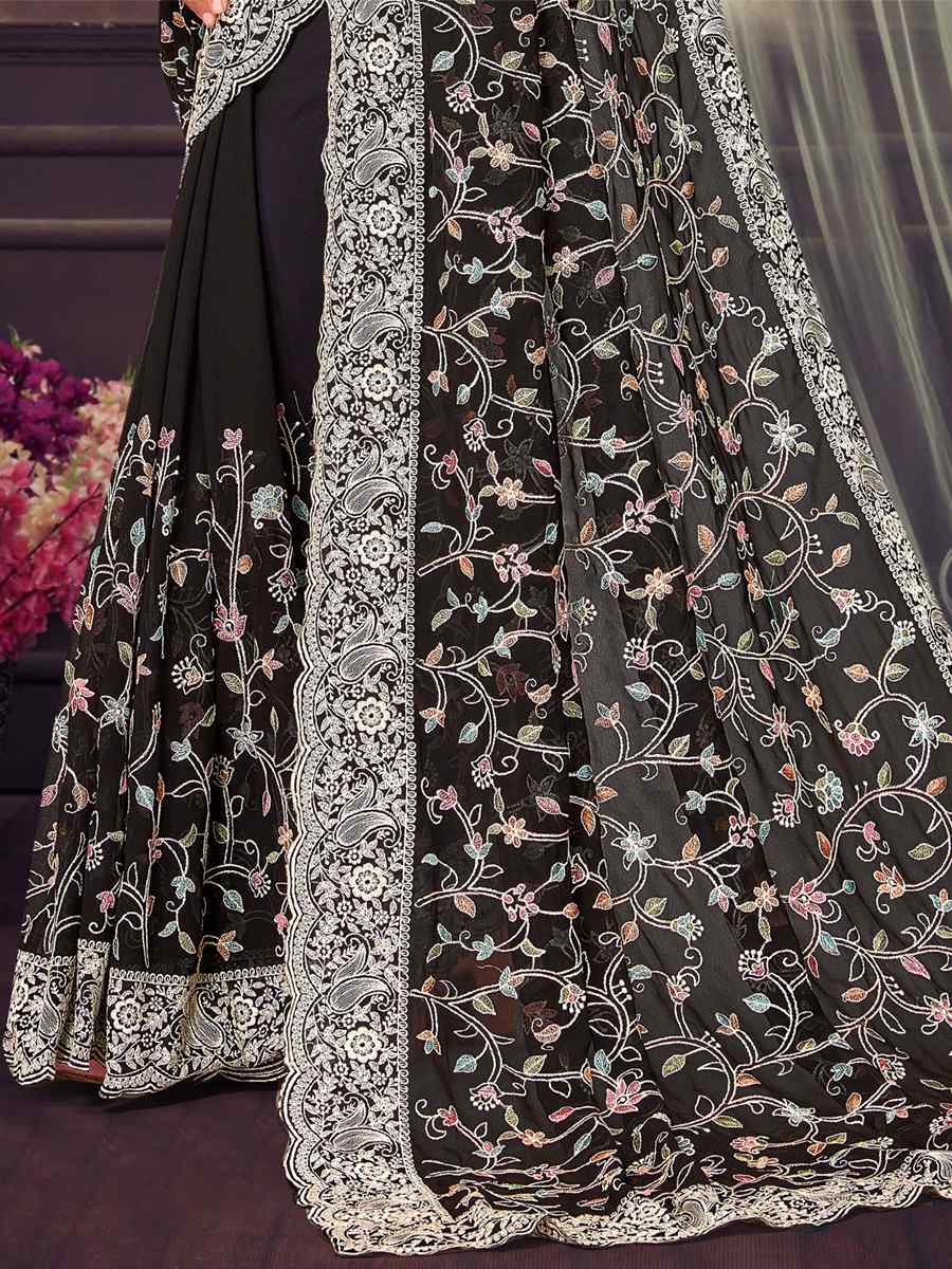 Black Georgette Embroidered Wedding Reception Heavy Border Saree