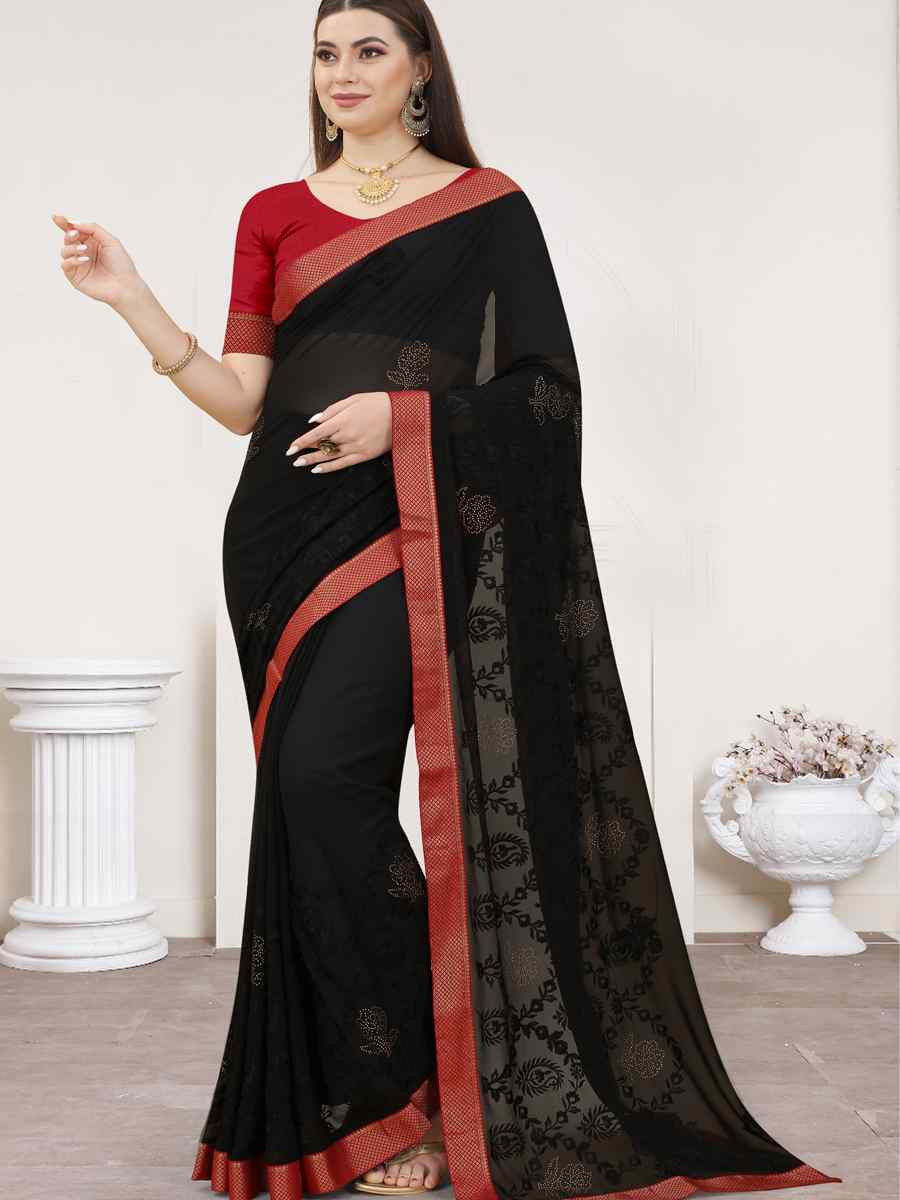 Black Georgette Embroidery Casual Reception Festival Wedding Fancy Heavy Border Saree
