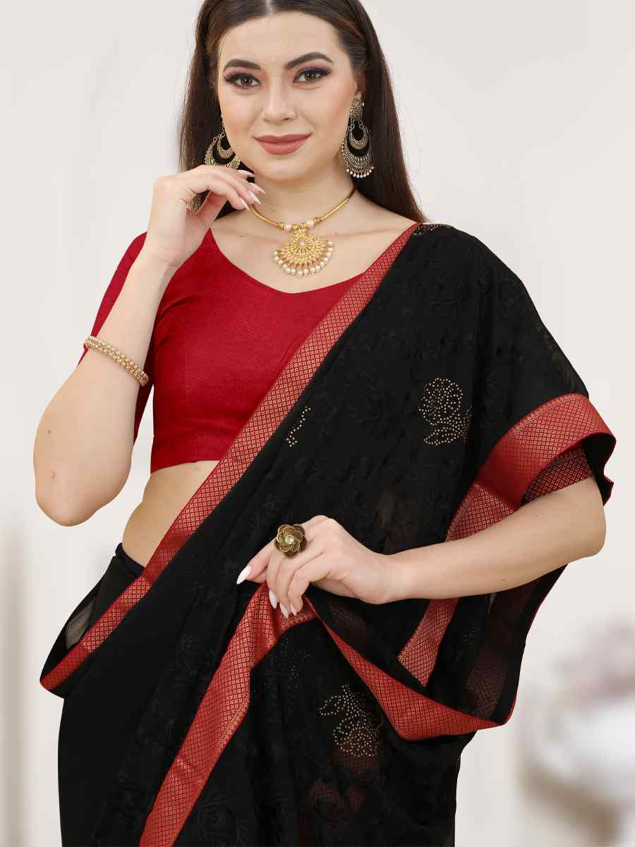 Black Georgette Embroidery Casual Reception Festival Wedding Fancy Heavy Border Saree