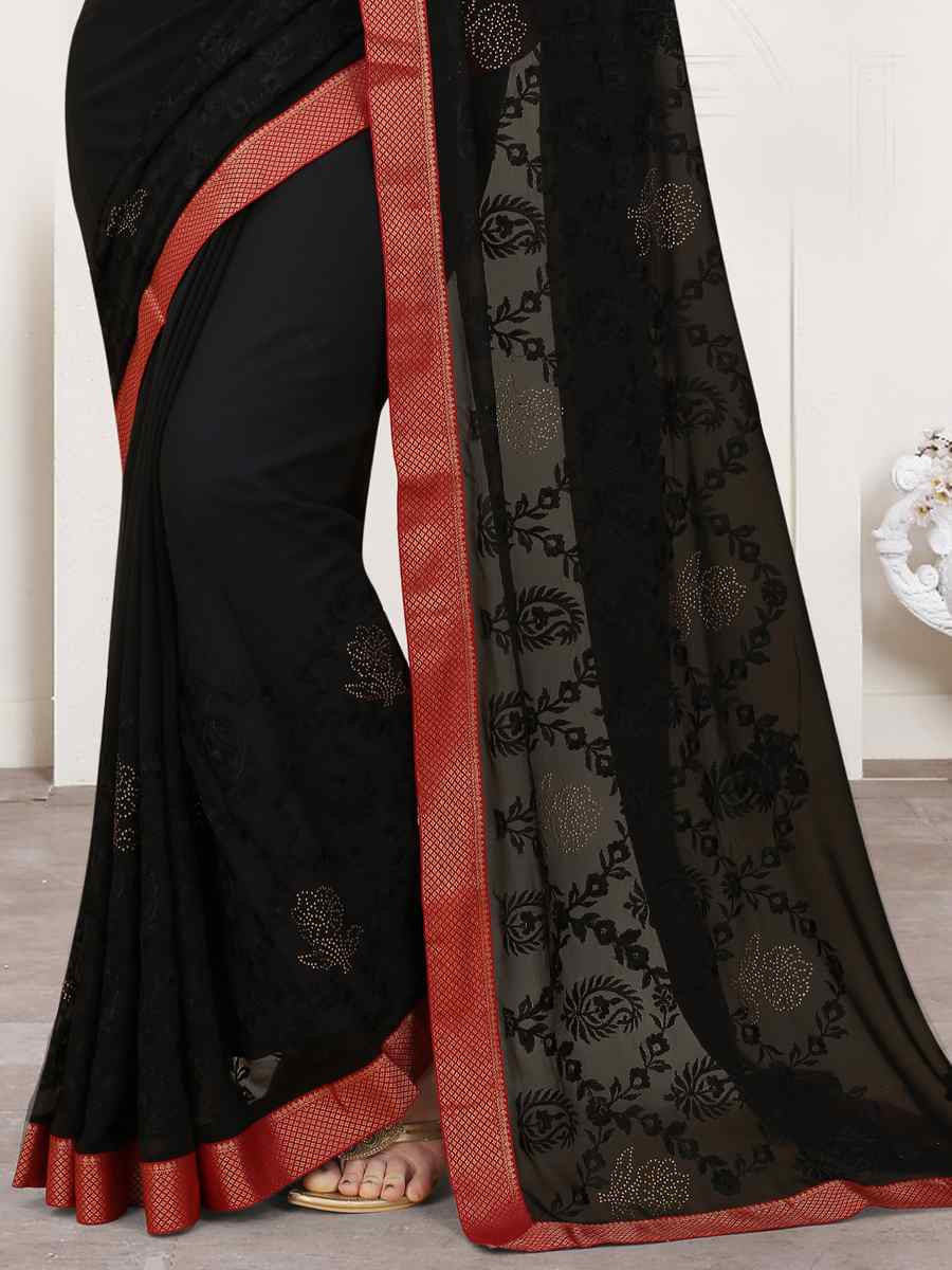 Black Georgette Embroidery Casual Reception Festival Wedding Fancy Heavy Border Saree