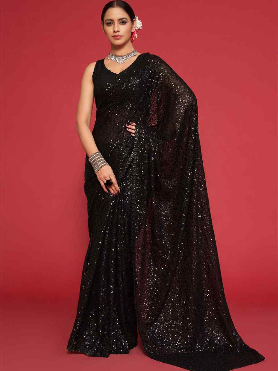 Black Georgette Embroidery Festival Wedding Fancy Heavy Border Saree