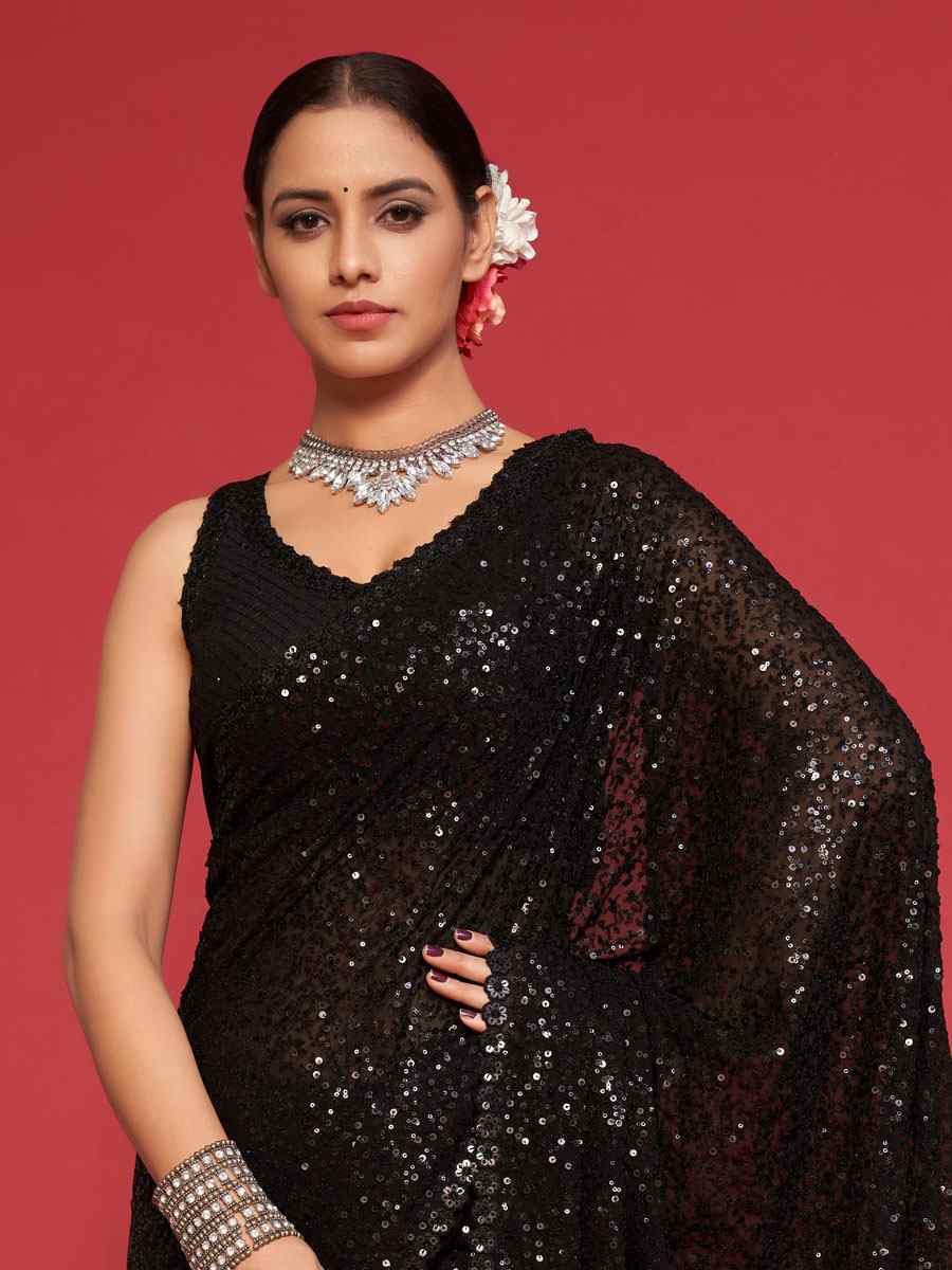 Black Georgette Embroidery Festival Wedding Fancy Heavy Border Saree