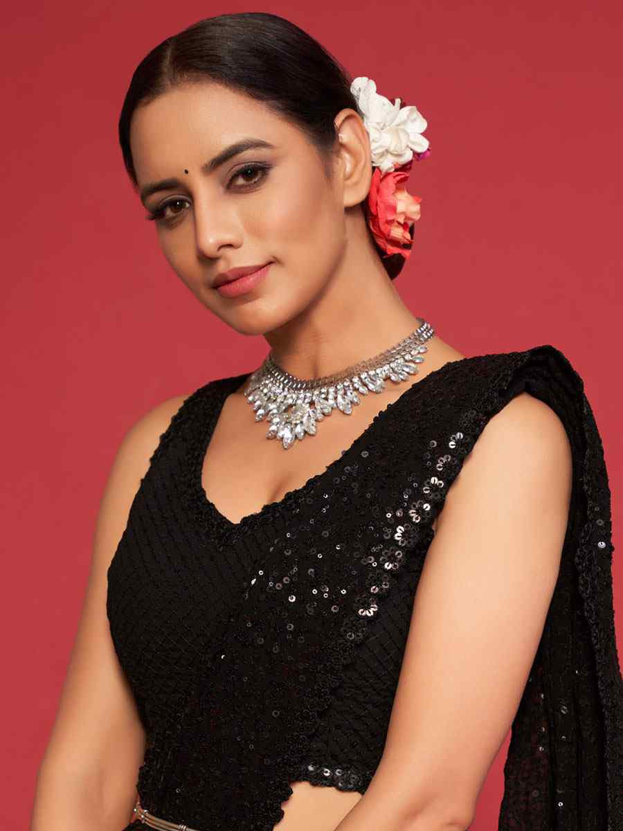 Black Georgette Embroidery Festival Wedding Fancy Heavy Border Saree