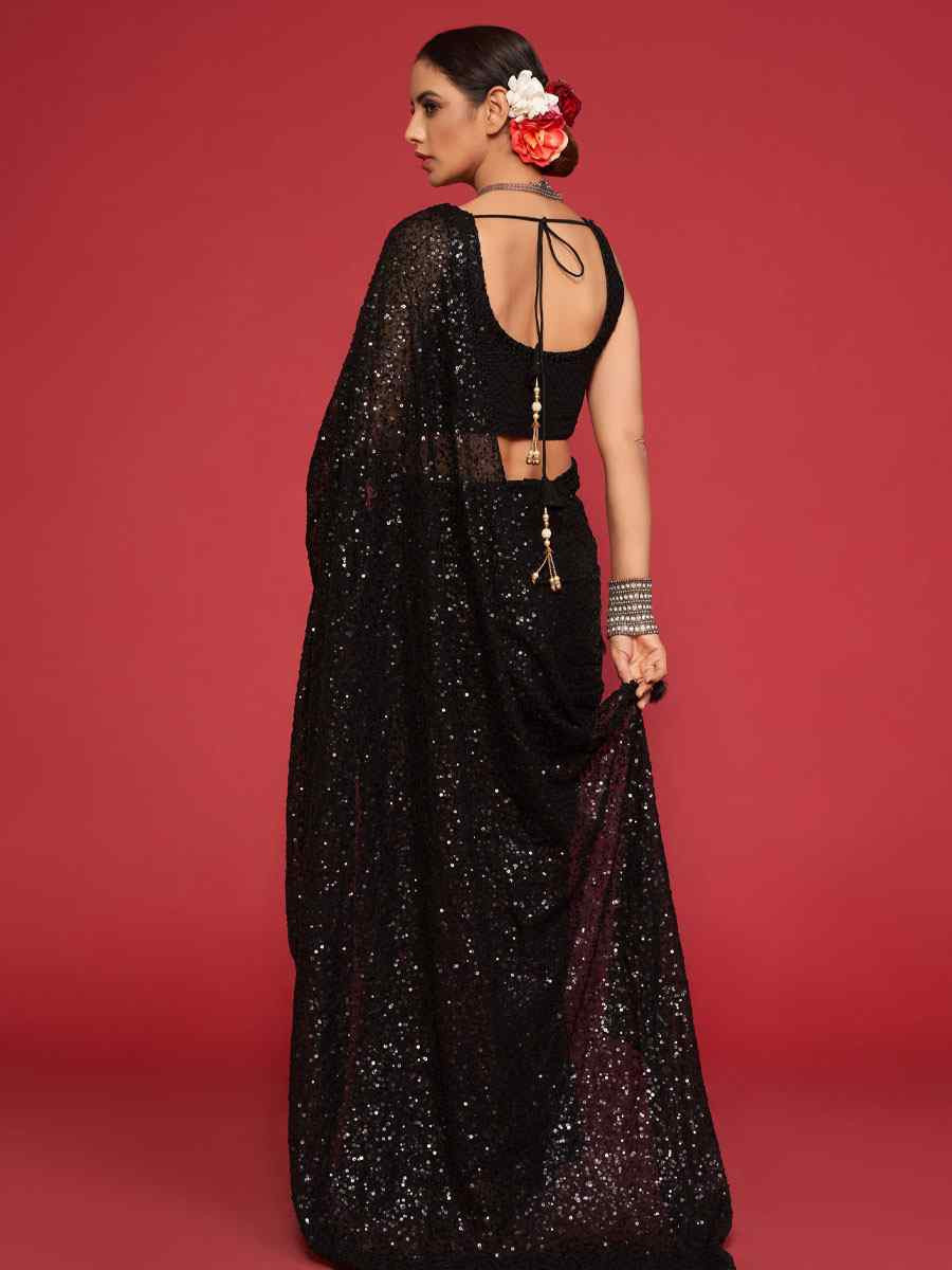 Black Georgette Embroidery Festival Wedding Fancy Heavy Border Saree