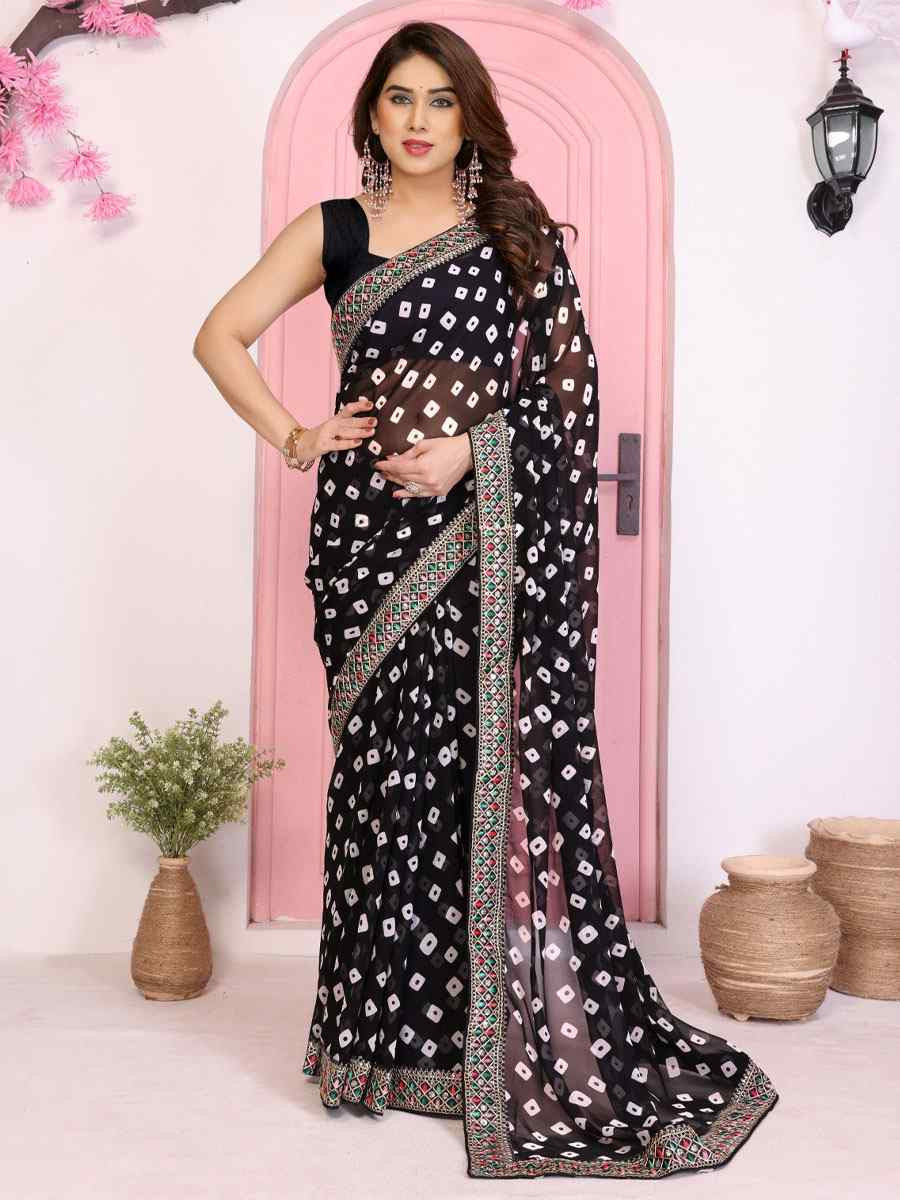 Black Georgette Embroidery Printed Traditional Bridal Reception Festival Wedding Fancy Heavy Border Saree