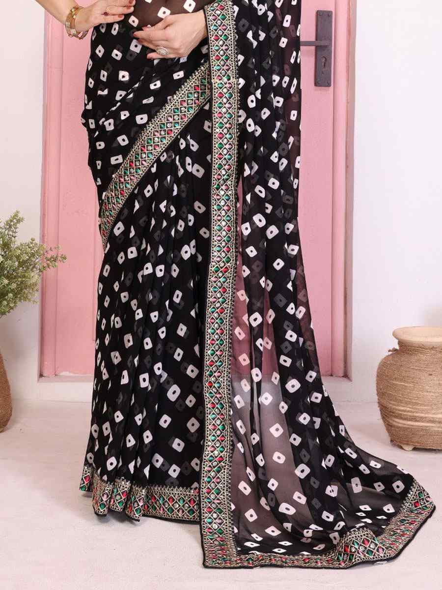 Black Georgette Embroidery Printed Traditional Bridal Reception Festival Wedding Fancy Heavy Border Saree