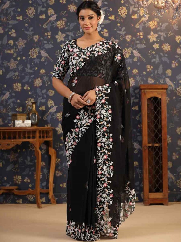 Black Georgette Embroidery Reception Wedding Heavy Border Saree