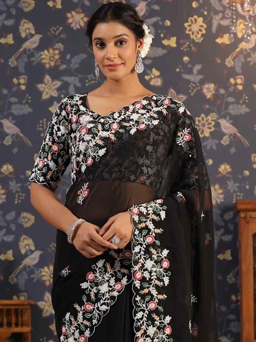 Black Georgette Embroidery Reception Wedding Heavy Border Saree