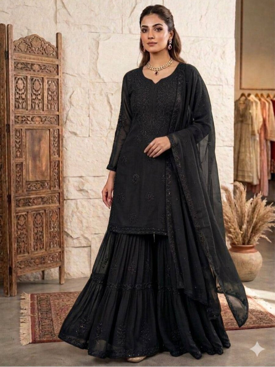Black Georgette Embroidery Sequins Wedding Party Festival Casual Sharara Pant Salwar Kameez
