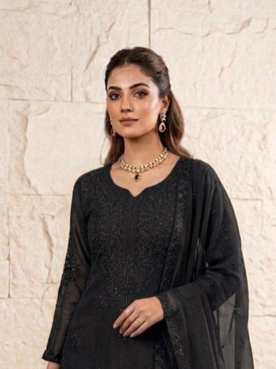 Black Georgette Embroidery Sequins Wedding Party Festival Casual Sharara Pant Salwar Kameez