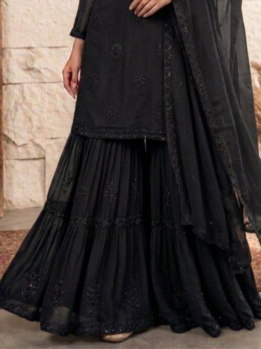 Black Georgette Embroidery Sequins Wedding Party Festival Casual Sharara Pant Salwar Kameez