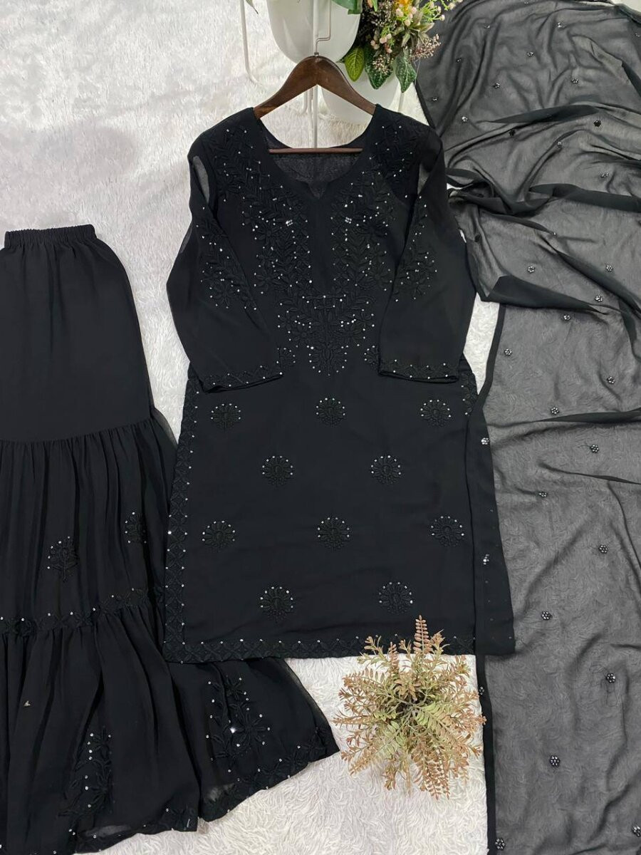 Black Georgette Embroidery Sequins Wedding Party Festival Casual Sharara Pant Salwar Kameez