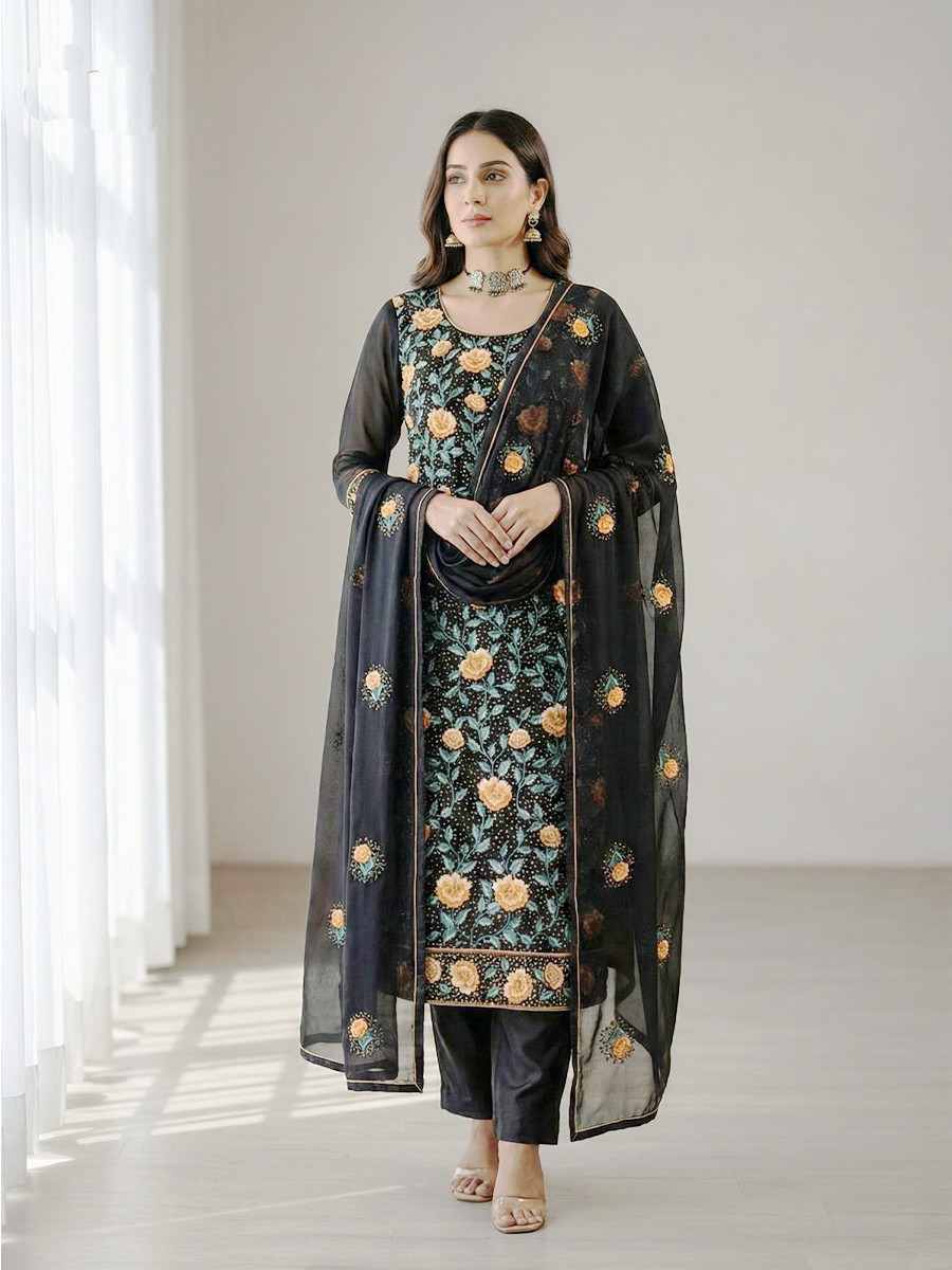 Black Georgette Embroidery Sequins Wedding Party Festival Ready Pant Salwar Kameez