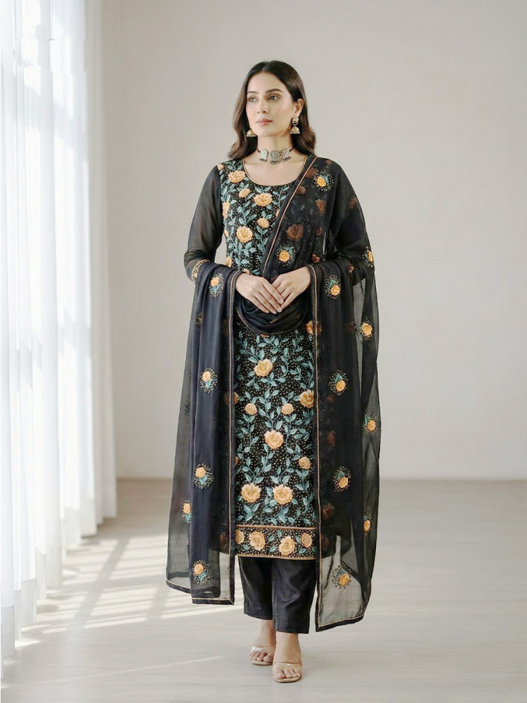Image of Black Georgette Embroidery Sequins Wedding Party Festival Ready Pant Salwar Kameez