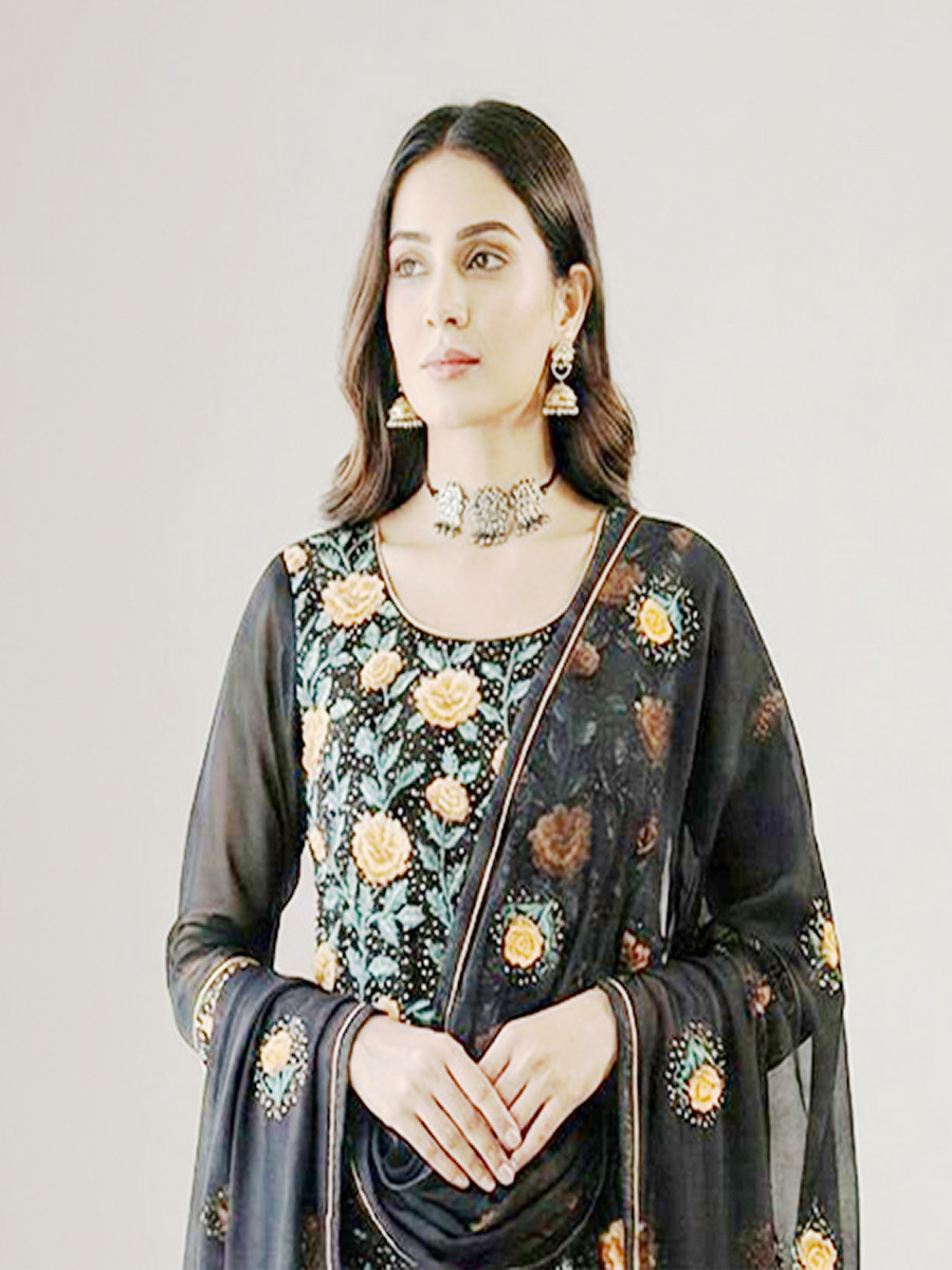 Black Georgette Embroidery Sequins Wedding Party Festival Ready Pant Salwar Kameez