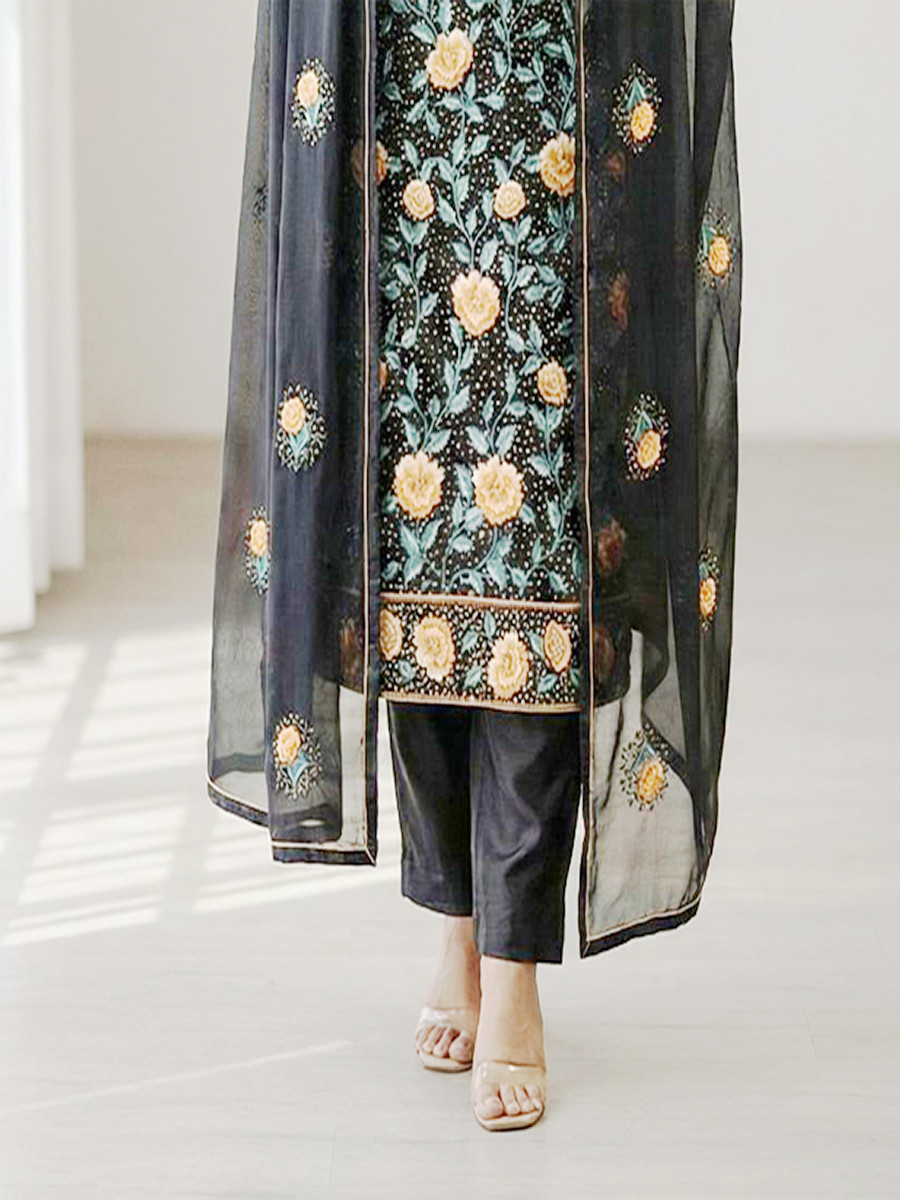 Black Georgette Embroidery Sequins Wedding Party Festival Ready Pant Salwar Kameez