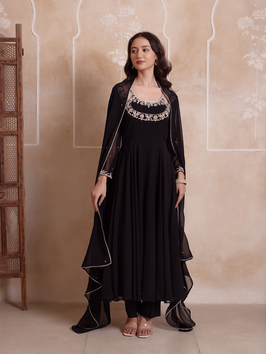 Black Georgette Embroidery Wedding Party Festival Casual Ready Anarkali Pant Salwar Kameez