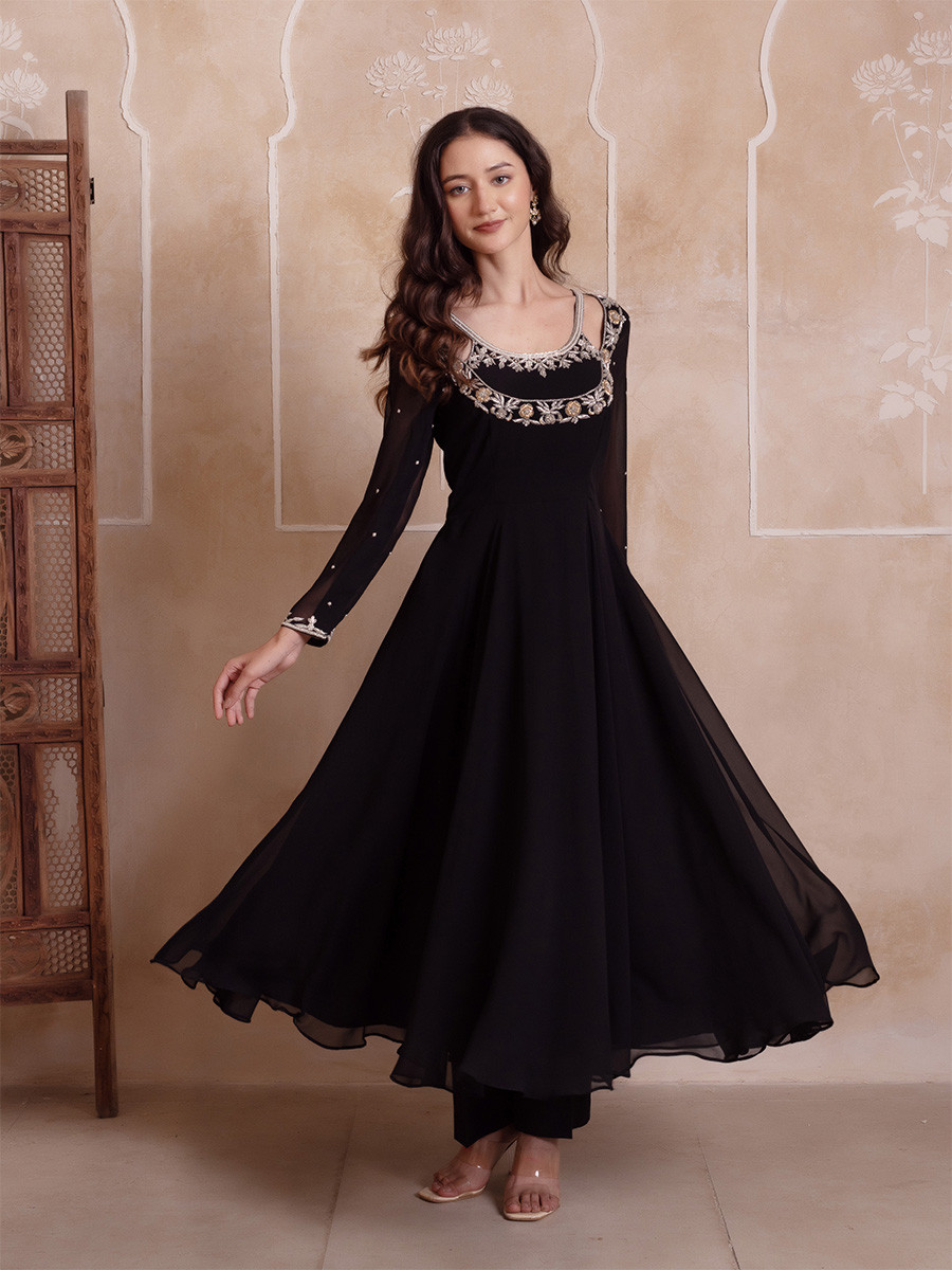 Black Georgette Embroidery Wedding Party Festival Casual Ready Anarkali Pant Salwar Kameez