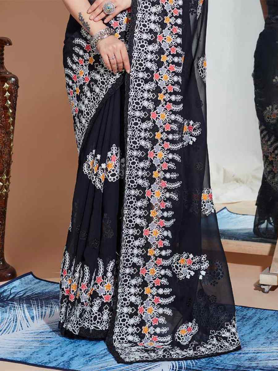 Black Georgette Embroidery Wedding Reception Heavy Border Saree