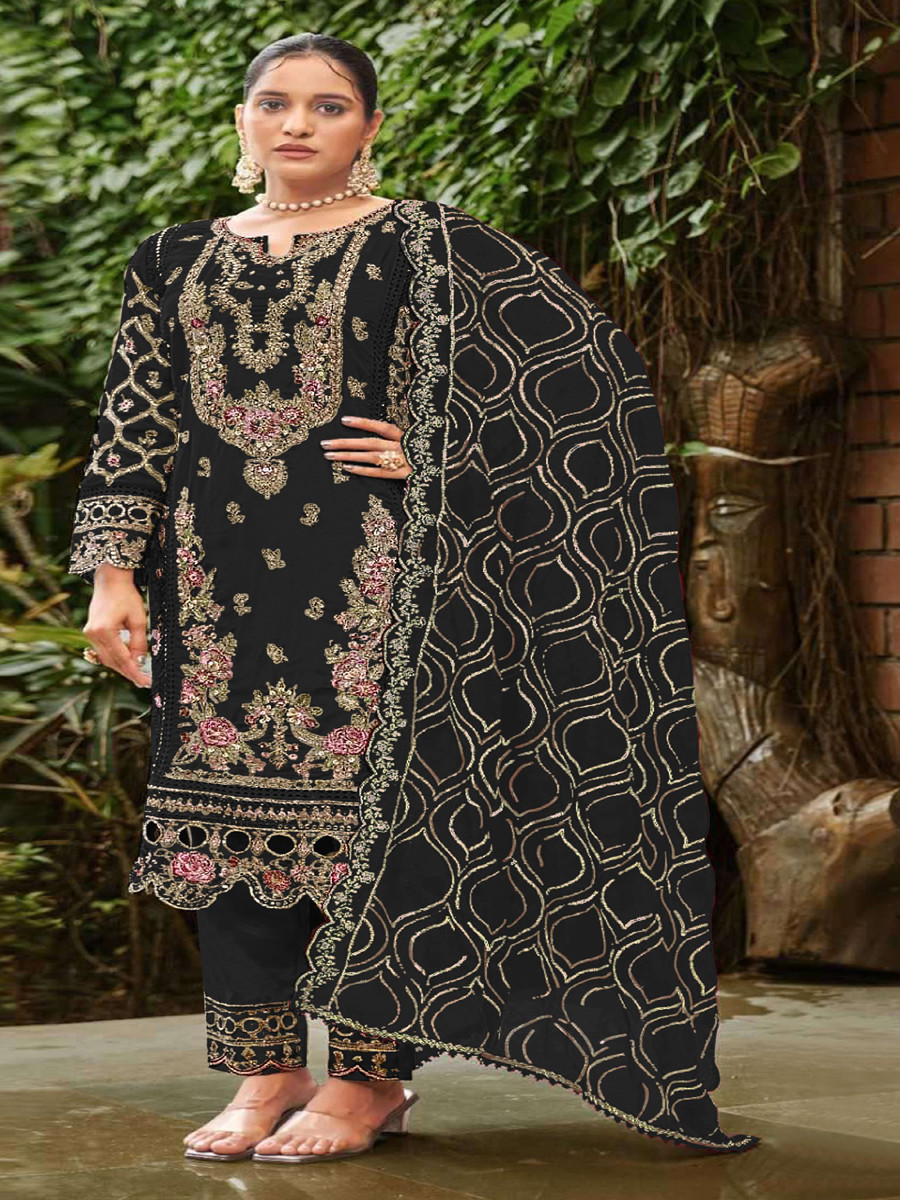 Black Georgette Embroidery Zari Sequins Wedding Party Festival Casual Pant Salwar Kameez