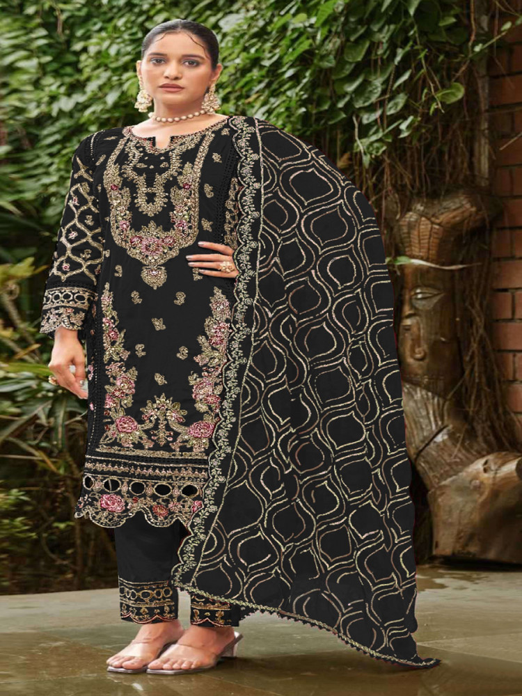 Image of Black Georgette Embroidery Zari Sequins Wedding Party Festival Casual Pant Salwar Kameez