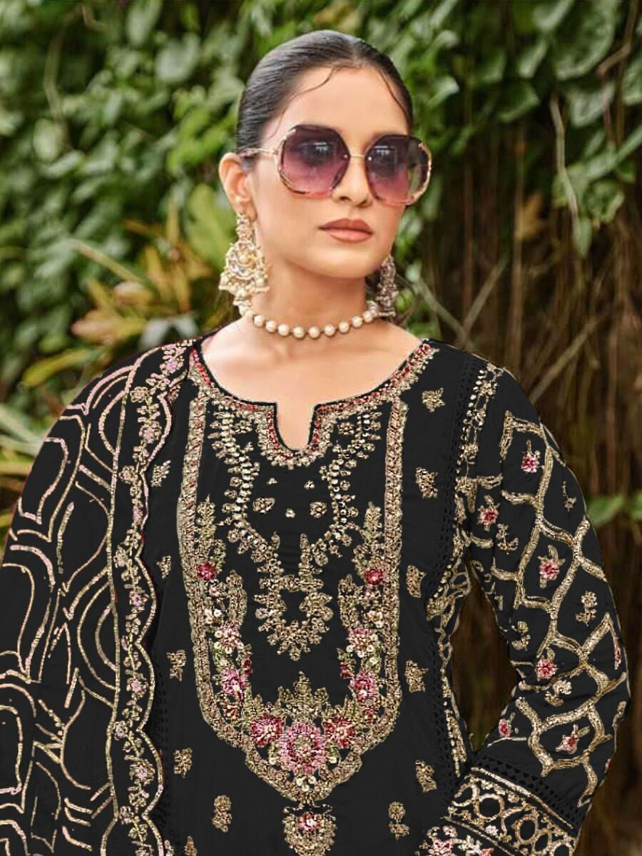 Black Georgette Embroidery Zari Sequins Wedding Party Festival Casual Pant Salwar Kameez