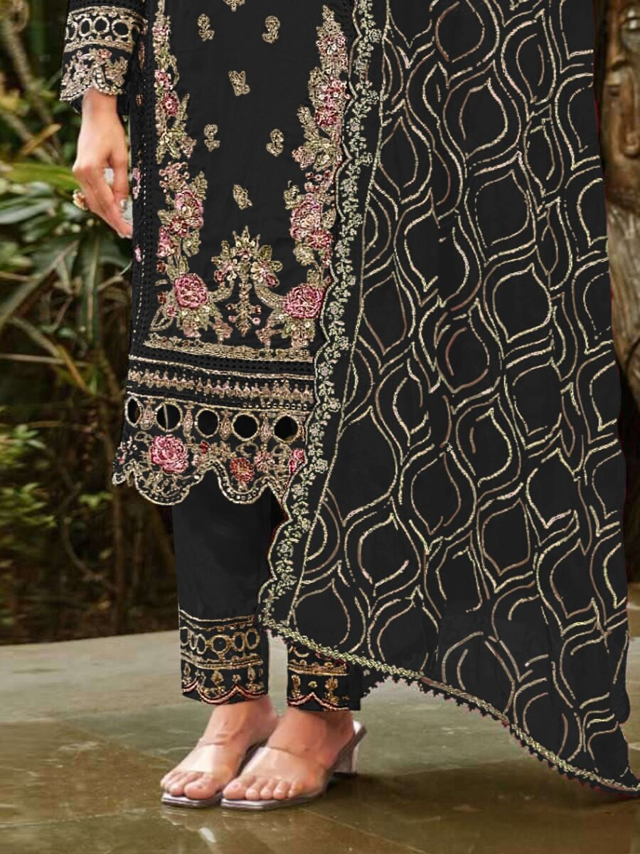 Black Georgette Embroidery Zari Sequins Wedding Party Festival Casual Pant Salwar Kameez