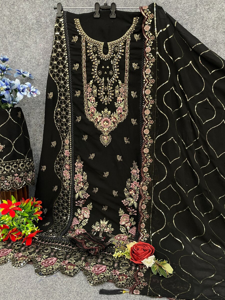 Black Georgette Embroidery Zari Sequins Wedding Party Festival Casual Pant Salwar Kameez