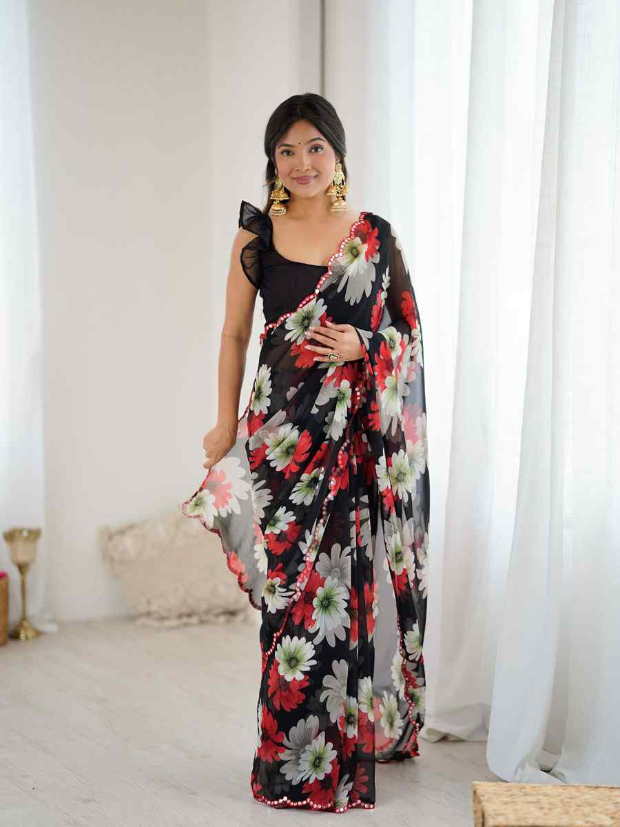 Black Georgette Floral Print with Border Embroidery Party Bridal Reception Festival Wedding Fancy Classic Style Sarees