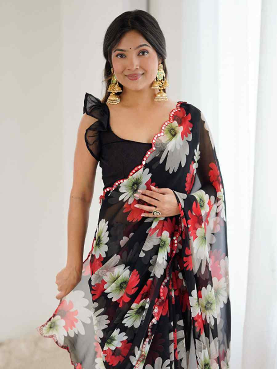 Black Georgette Floral Print with Border Embroidery Party Bridal Reception Festival Wedding Fancy Classic Style Sarees