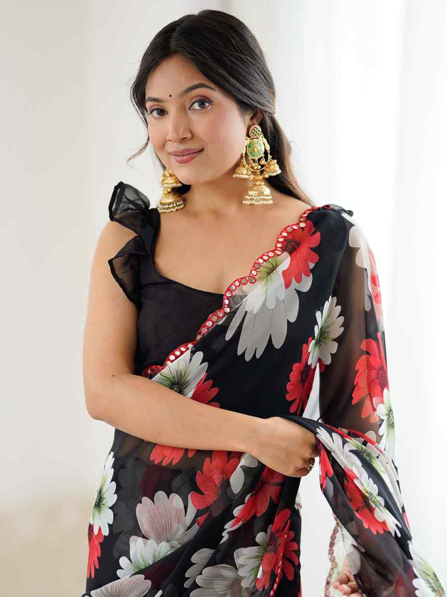 Black Georgette Floral Print with Border Embroidery Party Bridal Reception Festival Wedding Fancy Classic Style Sarees