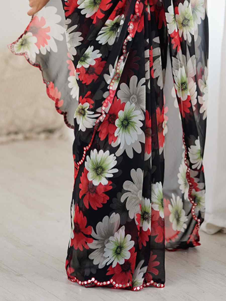 Black Georgette Floral Print with Border Embroidery Party Bridal Reception Festival Wedding Fancy Classic Style Sarees