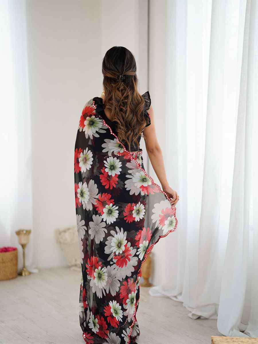 Black Georgette Floral Print with Border Embroidery Party Bridal Reception Festival Wedding Fancy Classic Style Sarees