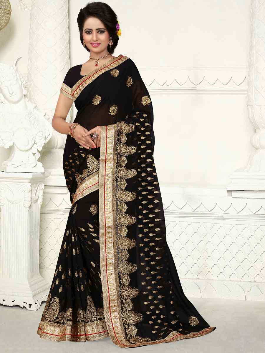 Black Georgette Handwoven Wedding Festival Heavy Border Saree