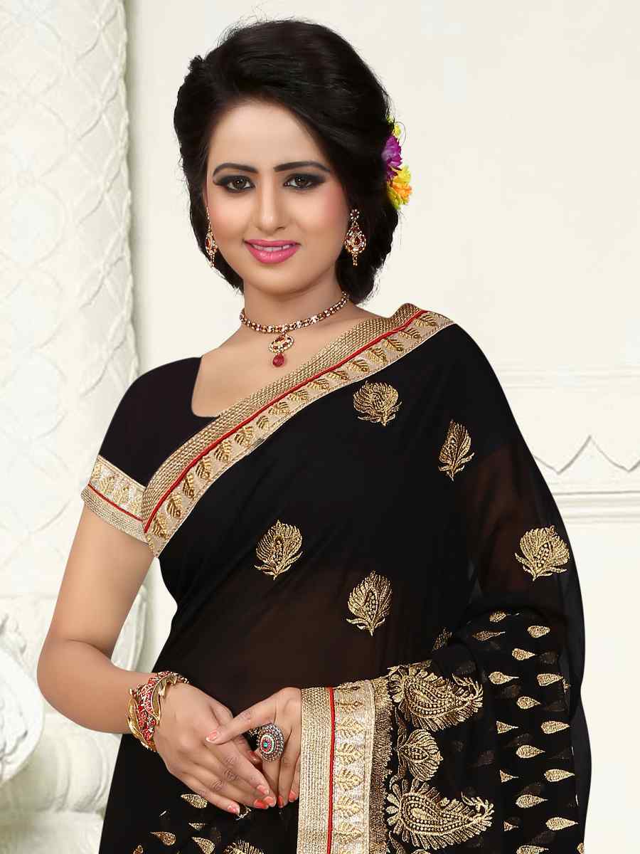 Black Georgette Handwoven Wedding Festival Heavy Border Saree