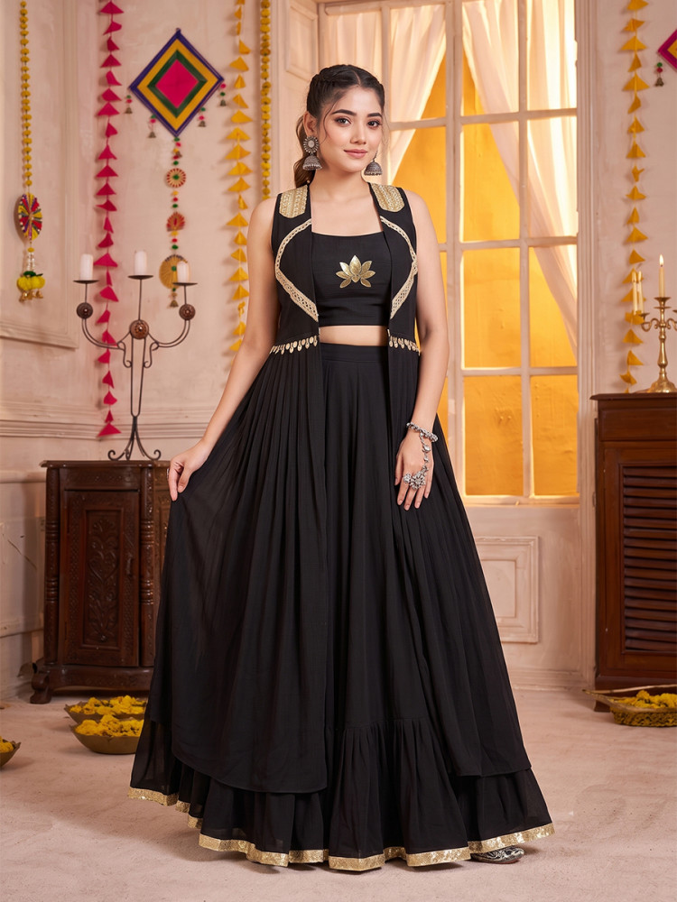 Image of Black Georgette Lotus Handwork Wedding Reception Festival Party Wear Circular Lehenga Choli