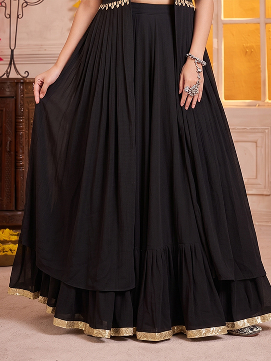 Black Georgette Lotus Handwork Wedding Reception Festival Party Wear Circular Lehenga Choli