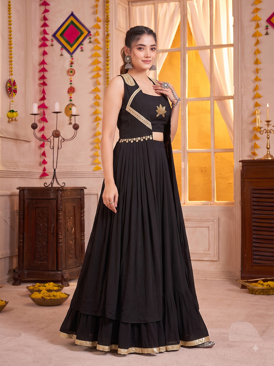Black Georgette Lotus Handwork Wedding Reception Festival Party Wear Circular Lehenga Choli