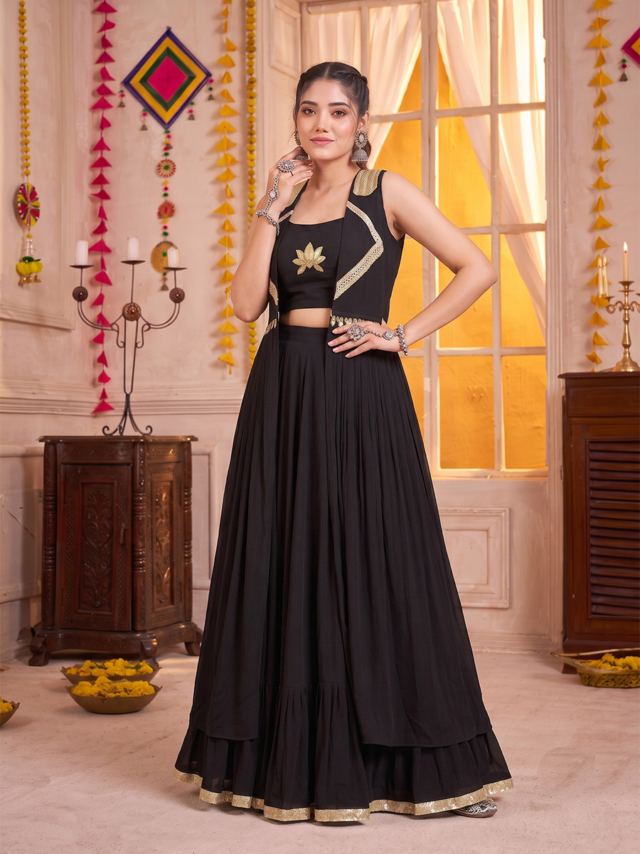 Black Georgette Lotus Handwork Wedding Reception Festival Party Wear Circular Lehenga Choli