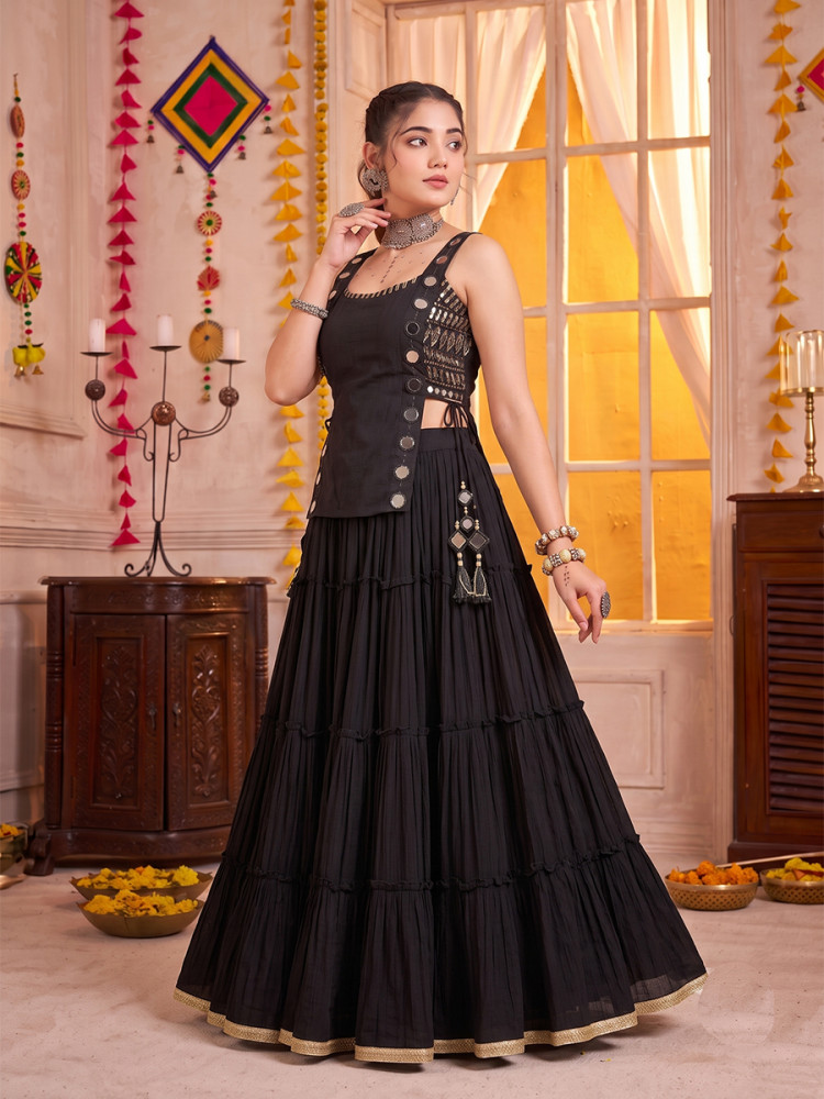 Image of Black Georgette Mirror Wedding Reception Festival Party Wear Circular Lehenga Choli