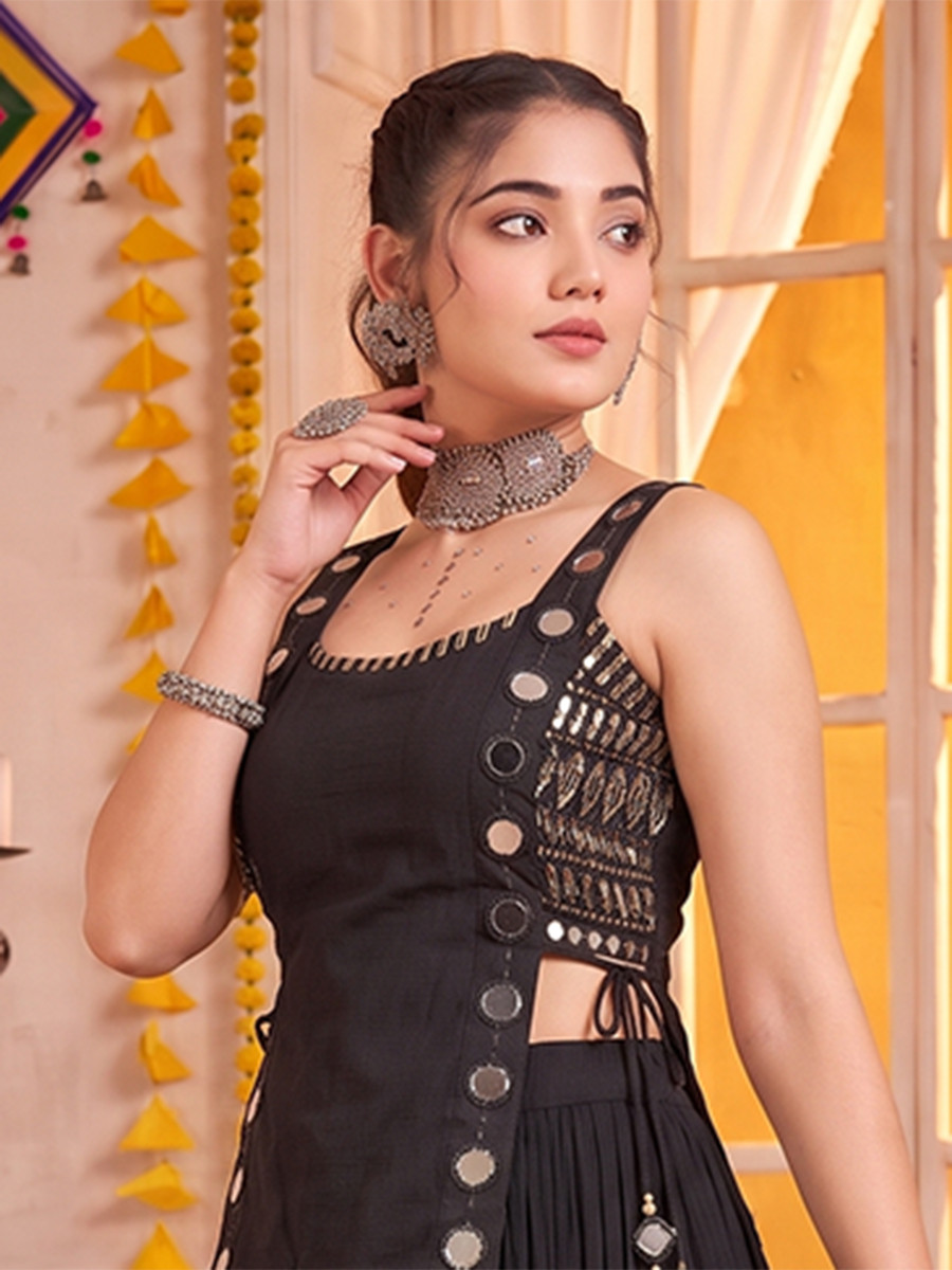 Black Georgette Mirror Wedding Reception Festival Party Wear Circular Lehenga Choli