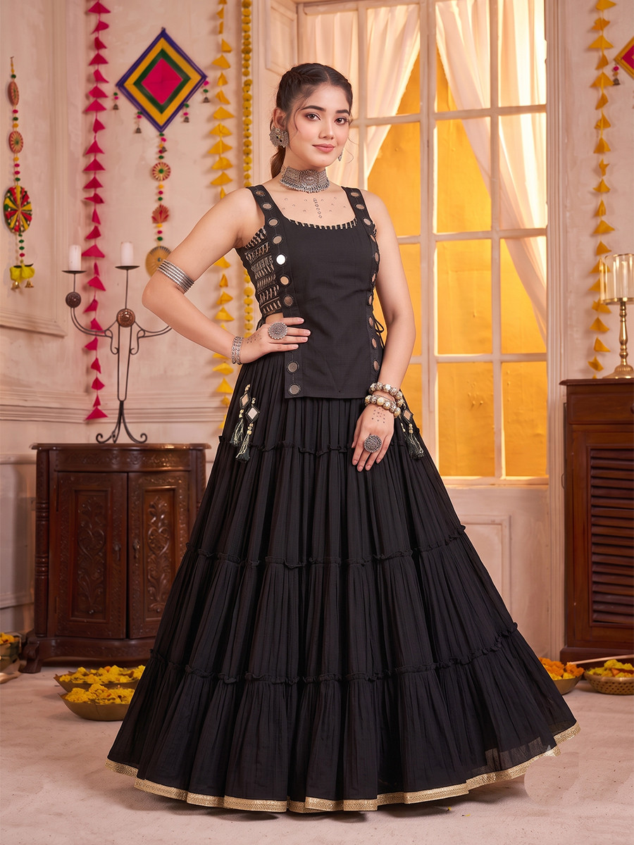 Black Georgette Mirror Wedding Reception Festival Party Wear Circular Lehenga Choli