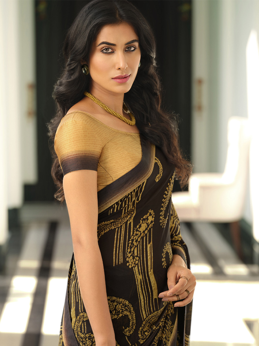 Black Georgette Printed Casual Festival Contemporary Saree