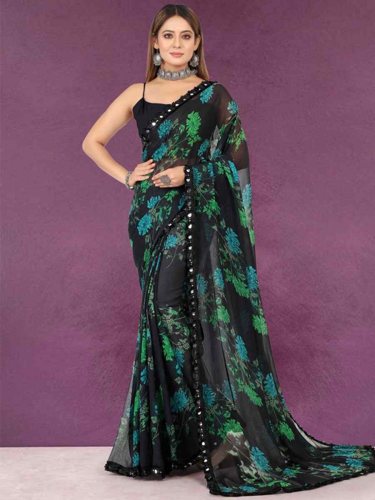 Black Georgette Printed Casual Party Contemporary Saree